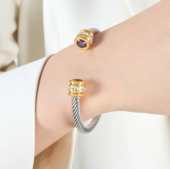 Beautiful Stainless Steel 2 Tone Cuff Bracelets with CZs in Various Colors - Picture 9 of 10